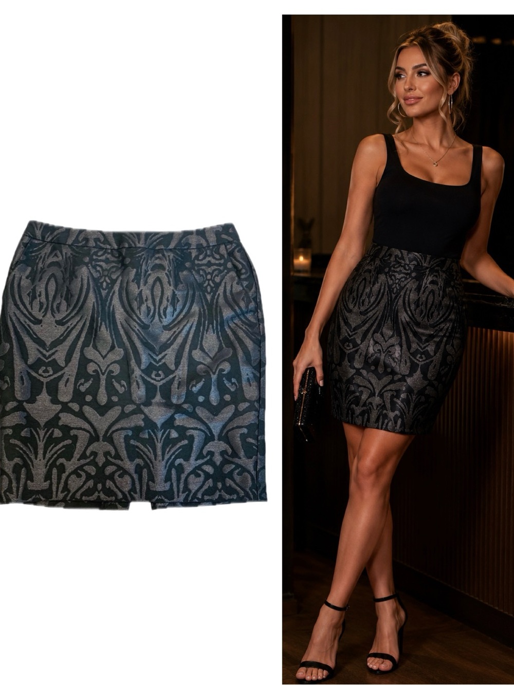 Mexx Black Metallic Brocade Pencil Skirt Sz 8 NWOT Shimmer Evening Career